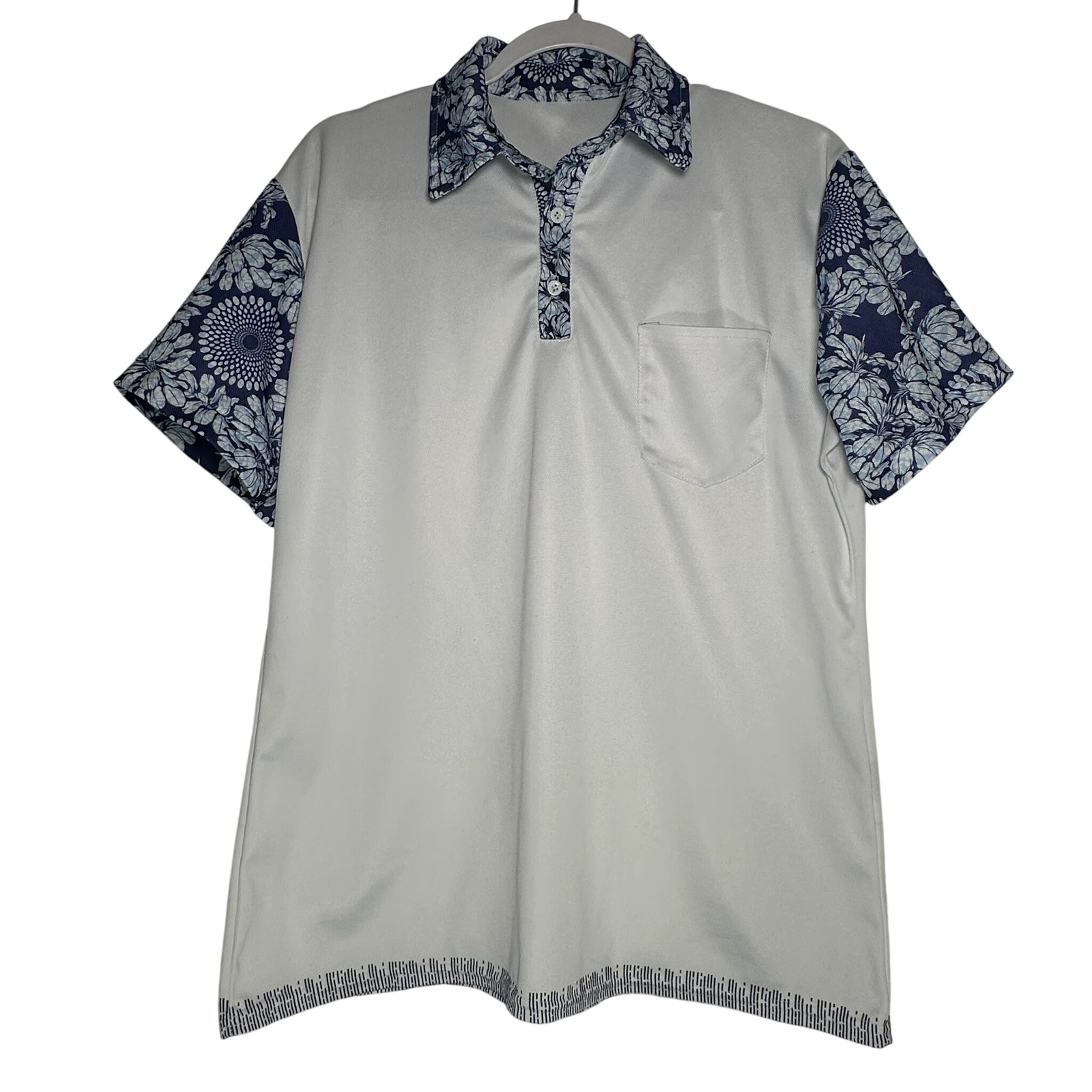 Mens White Navy Blue Floral Mandala Print Short Sleeve Polo Shirt Chest Pocket L
